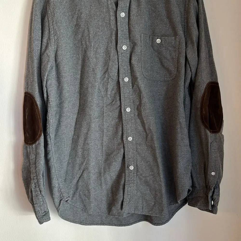 J. Crew Gray wool flannel Button-Down Shirt Brown leather Elbow Patches men’s LG